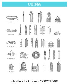 Simple linear Vector icon set representing global tourist asian landmarks and travel destinations for vacations