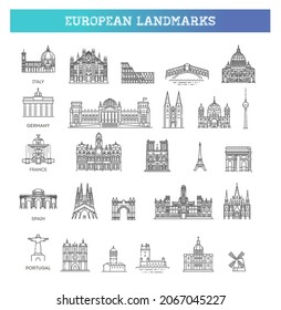 Simple linear Vector icon set representing global tourist european landmarks and travel destinations for vacations.