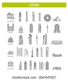 Simple linear Vector icon set representing global tourist asian landmarks and travel destinations for vacations