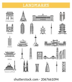 Simple linear Vector icon set representing global tourist asian landmarks and travel destinations for vacations