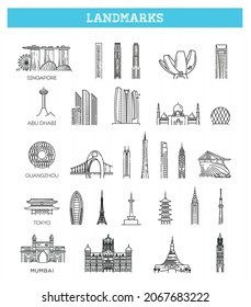 Sencillo juego de iconos de vectores lineales que representan monumentos turísticos globales asiáticos y destinos de viaje para vacaciones