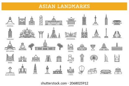 Simple linear Vector icon set representing global tourist asian landmarks and travel destinations for vacations