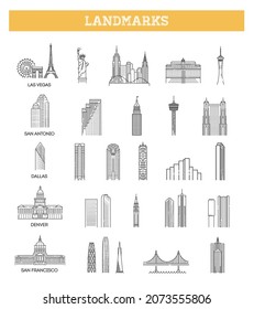 Simple linear Vector icon set representing global tourist american landmarks and travel destinations for vacations