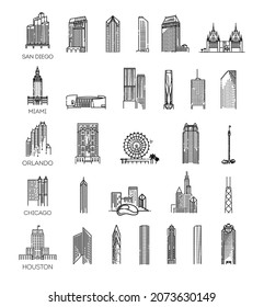 Simple linear Vector icon set representing global tourist american landmarks and travel destinations for vacations