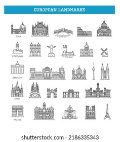 Simple linear Vector icon set representing global tourist european landmarks and travel destinations for vacations.