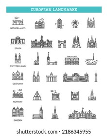 Simple linear Vector icon set representing global tourist european landmarks and travel destinations for vacations.