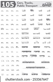 Simple linear Vector icon set representing different types of cars, trucks and public transport