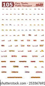 Simple linear Vector icon set representing different types of cars, trucks and public transport