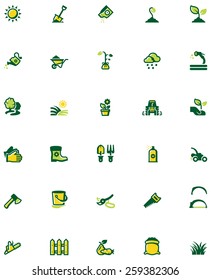 Simple linear Vector icon set representing gardening related tools, equipment and works