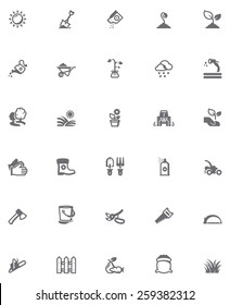 Simple linear Vector icon set representing gardening related tools, equipment and works