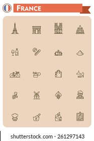 Simple linear Vector icon set representing France travel destinations and culture 