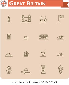 Conjunto simple de iconos de vector lineal que representa los destinos y la cultura de los viajes de Gran Bretaña e Inglaterra