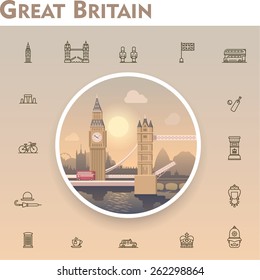 Simple linear Vector icon set representing Great Britain and England travel destinations and culture