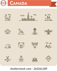 Simple linear Vector icon set representing Canada travel destinations and culture symbols