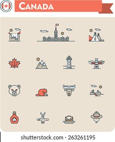 Simple linear Vector icon set representing Canada travel destinations and culture symbols