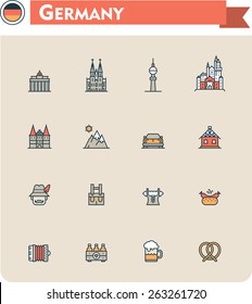 Simple linear Vector icon set representing Germany travel destinations and culture symbols