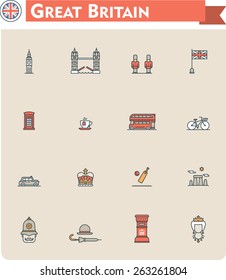 Simple linear Vector icon set representing United Kingdom and England travel destinations and culture symbols