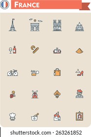 Simple linear Vector icon set representing France travel destinations and culture symbols