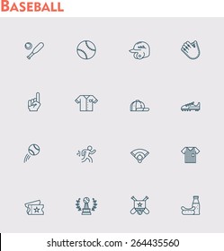 Simple linear Vector icon set representing baseball equipment, clothes, ball and bat