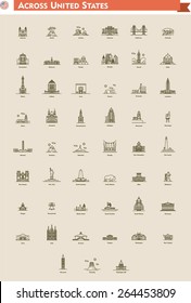 Simple Linear Vector Icon Set Representing Each USA State As Landmark And Travel Destination
