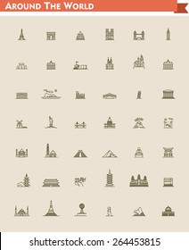 Simple linear Vector icon set representing global tourist landmarks and travel destinations for vacations