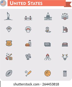 Simple linear Vector icon set representing United States of America travel destinations and culture symbols
