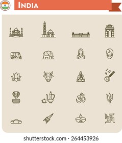 Simple linear Vector icon set representing India travel destinations and culture