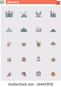 Simple linear Vector icon set representing Mexico travel destinations and Mexican culture symbols