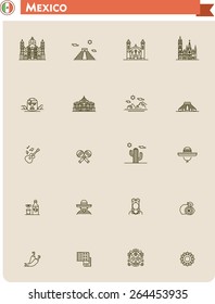 Simple linear Vector icon set representing Mexico travel destinations and Mexican culture