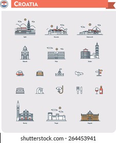 Simple linear Vector icon set representing Croatian travel destinations, buildings, monuments, and travel equipment svg