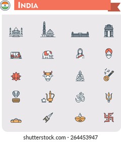 Simple linear Vector icon set representing India travel destinations and culture