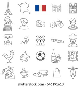 Simple linear Vector icon set representing France travel destinations and culture 