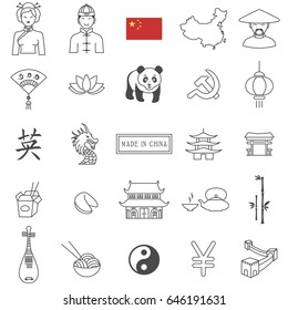 Simple linear Vector icon set representing China  travel destinations and culture 