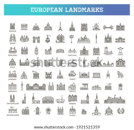 Simple linear Vector icon set representing global tourist european landmarks and travel destinations for vacations