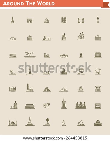 Simple linear Vector icon set representing global tourist landmarks and travel destinations for vacations