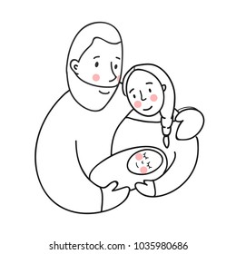 simple linear vector illustration of a family, mom, dad and child. Love. Family hugs. cute naive illustration