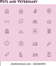 Conjunto de iconos de animales domésticos y veterinarios del vector lineal simple 