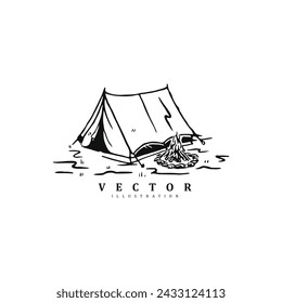 Simple linear vintage hand drawn camp tent with campfire vector isolated on white background