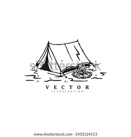 Simple linear vintage hand drawn camp tent with campfire vector isolated on white background