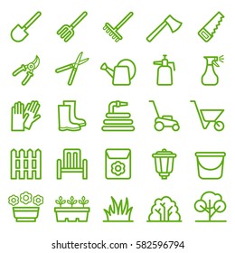 Simple linear web icons set of gardening. Set of basic gardening elements. Vector illustration