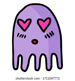 Simple linearcartoon style illustration. Vector purple ghost in love isolated on white background. Design Element for books, magazines, textiles