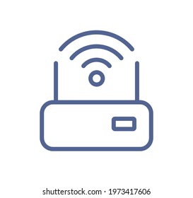 Simple lineart icon of router with good solid wifi signal. Wireless internet connection sign. Modem and wi-fi pictogram in line art style. Linear flat vector illustration isolated on white background