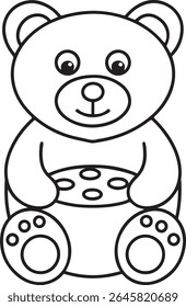 A simple, line-art illustration of a cartoon teddy bear sitting and holding a round object with several holes. The bear is isolated on a white background.