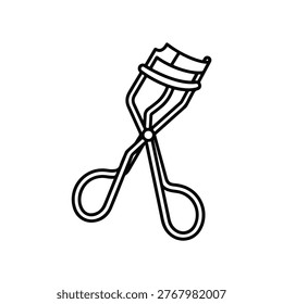 A simple, line-art illustration depicts a classic eyelash curler. The tool is shown in an open position, highlighting its metal construction and curved design for lifting and curling eyelashes.