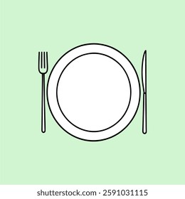 Simple lineart illustration of a dining plate with a fork and knife, representing mealtime in a clean style