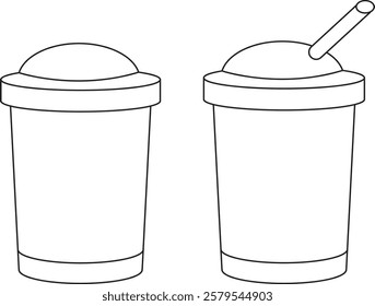 A simple line-art illustration of two empty shake glasses with dome lids, one featuring a straw. Perfect for representing milkshakes, smoothies, or cold beverages