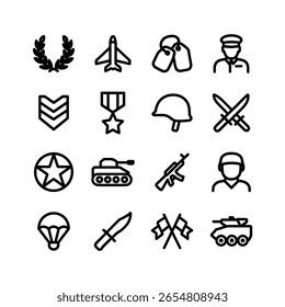 Simple Lineart Militar y Elementos de Guerra Colección Icon Set Diseño
