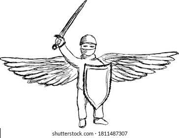 Simple lineart pencil hand  drawing winged warrior and sword   shield  Black   white outline vector clipart modern guardian  angel