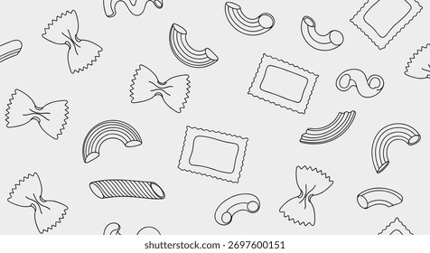 Simples linha-art padrão sem costura com vários tipos de formas de massas, de farfalle a macarrão, perfeito para pratos italianos e projetos de cozinha.