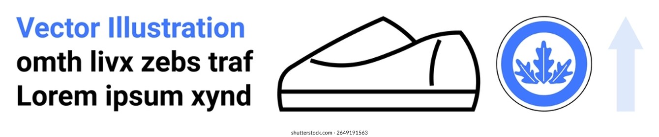 Simple line-art shoe, abstract badge with blue elements, upward arrow, and random placeholder text. Ideal for modern design, footwear themes, abstract art, vector graphics, minimalistic design